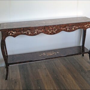 Consolle intarsiata cm 150x35x80H in legno di noce californiana, intarsio floreale