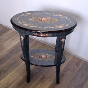 Tavolino intarsiato ovale cm 60x38 con ripiano in acero tinto celeste