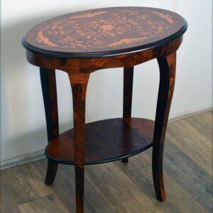 Tavolino intarsiato ovale cm 60x38 con ripiano in radica ferrarese