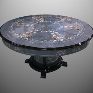 Tavolo intarsiato tondo cm 150 in acero tinto celeste