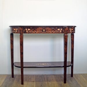 Consolle intarsiata cm 100x30x78H con  cassetto centrale e ripiano in noce californiana, intarsio floreale