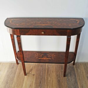 Consolle intarsiata cm 100x30x78H con cassetto centrale e ripiano, intarsio floreale in noce ferrarese italiano
