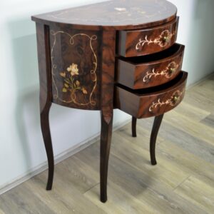 Consolle intarsiata a mezzaluna con 3 cassetti cm 63x32x77H in noce california