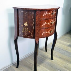 Consolle intarsiata a mezzaluna con 3 cassetti cm 63x32x77H in vavona